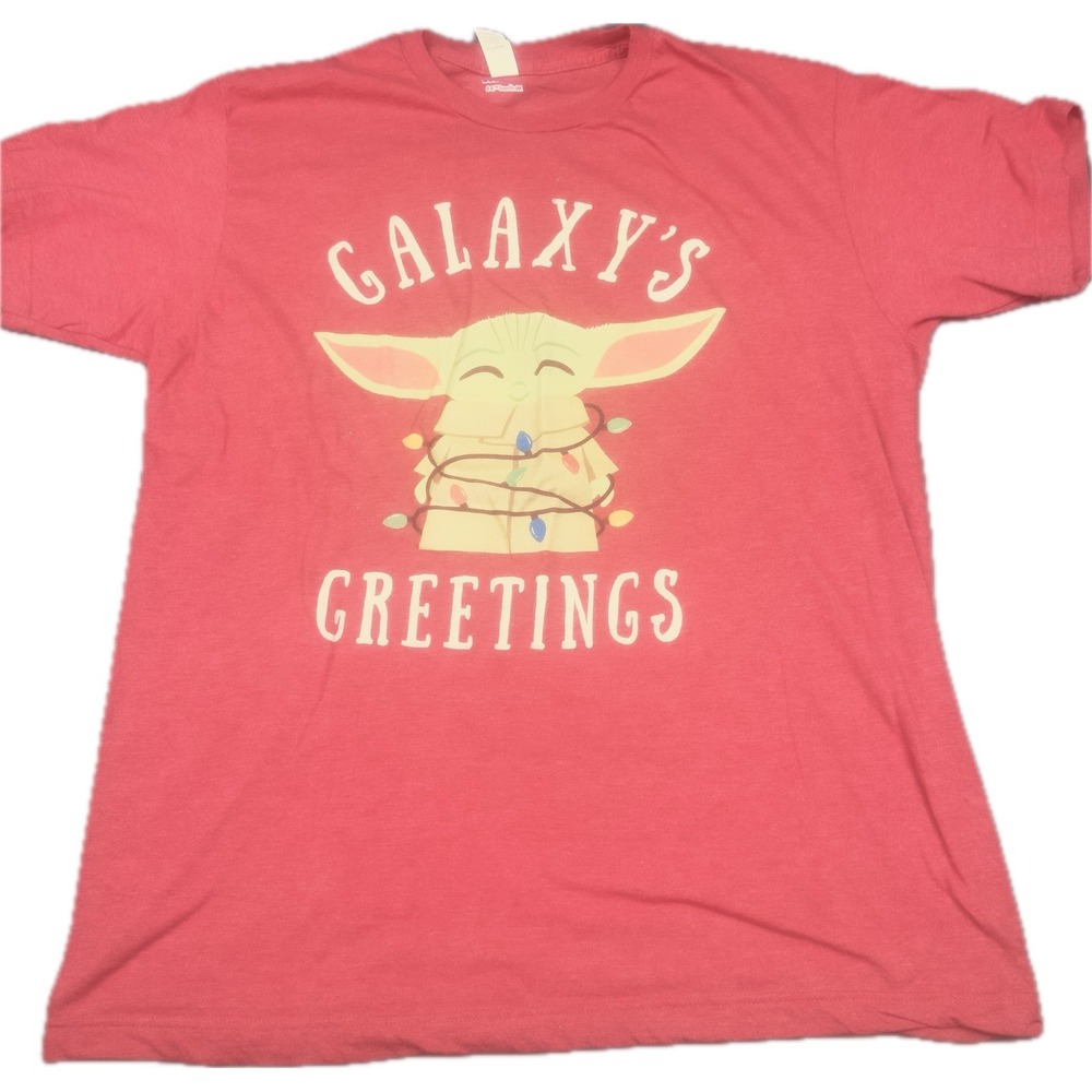 Star Wars Mens Baby Yoda Galaxy's Greetings T-Shirt Large Red Christmas Grogu
